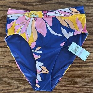 Trina Turk high waisted Multicolor Bikini Bottom navy with floral NWT size 6